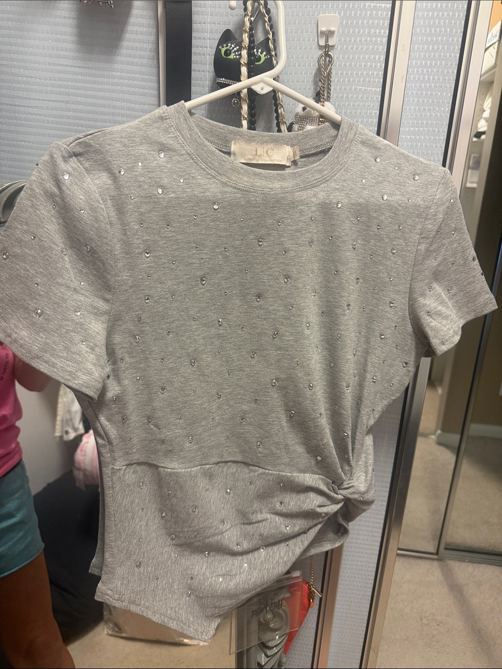 Embellished Rhinestone Heather Gray Short Sleeve Knot Tee